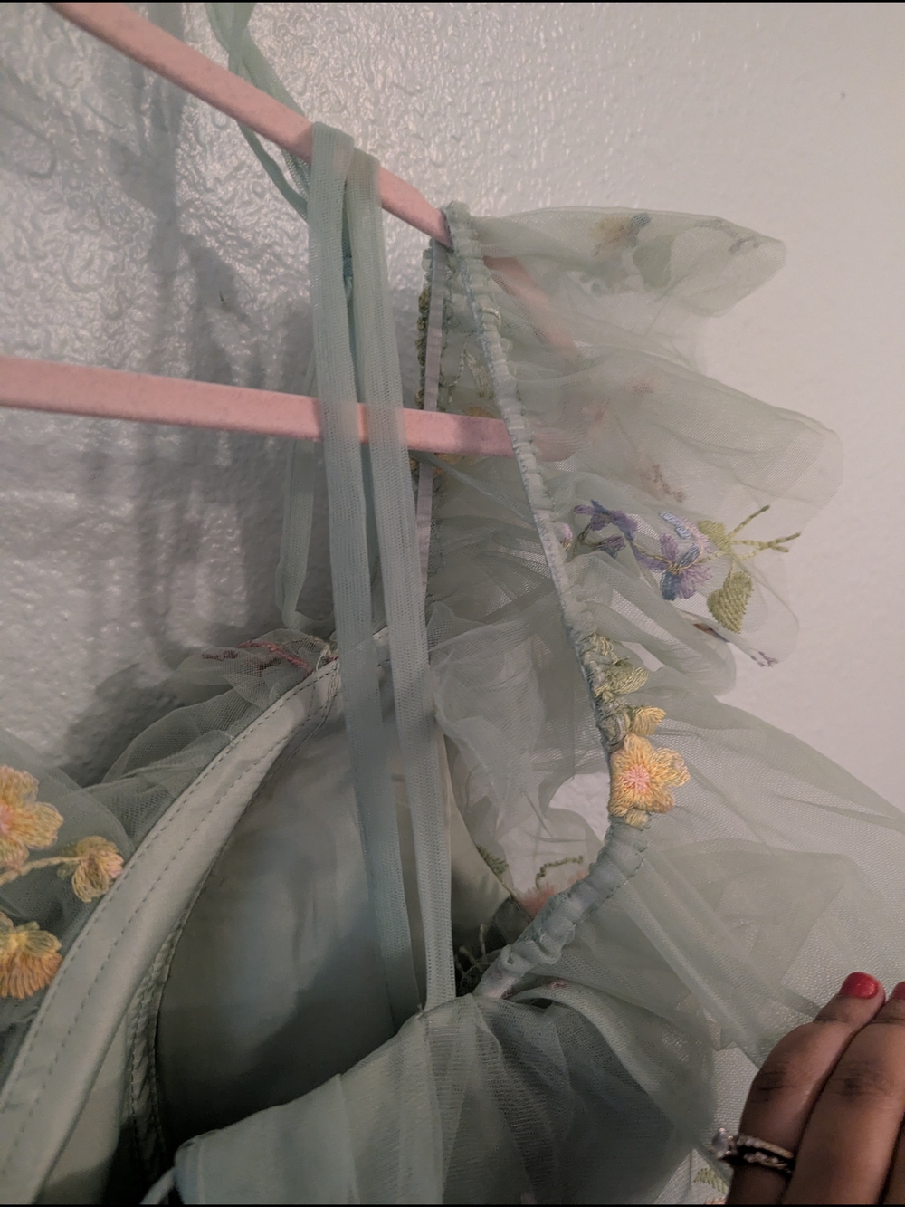 Sage Green Floral Embroidered Tulle Formal Dress with Ruffle Bodice - Picture 3 of 6